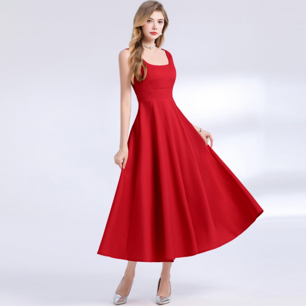 CM-DY061758 Women Elegant European Style Square Neck Sleeveless Pinched Waist Slim Dress - Red