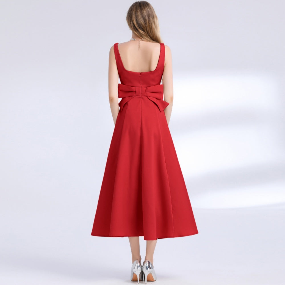 CM-DY061758 Women Elegant European Style Square Neck Sleeveless Pinched Waist Slim Dress - Red