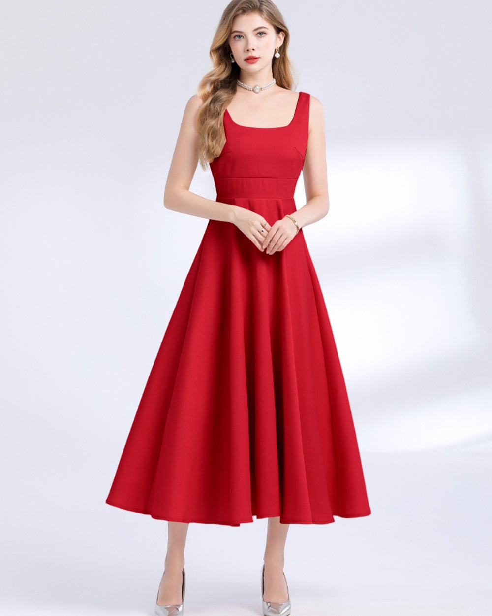 CM-DY061758 Women Elegant European Style Square Neck Sleeveless Pinched Waist Slim Dress - Red
