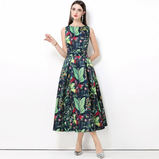 CM-DY061759 Women Elegant European Style Round Neck Sleeveless Pinched Waist A-Line Midi Dress