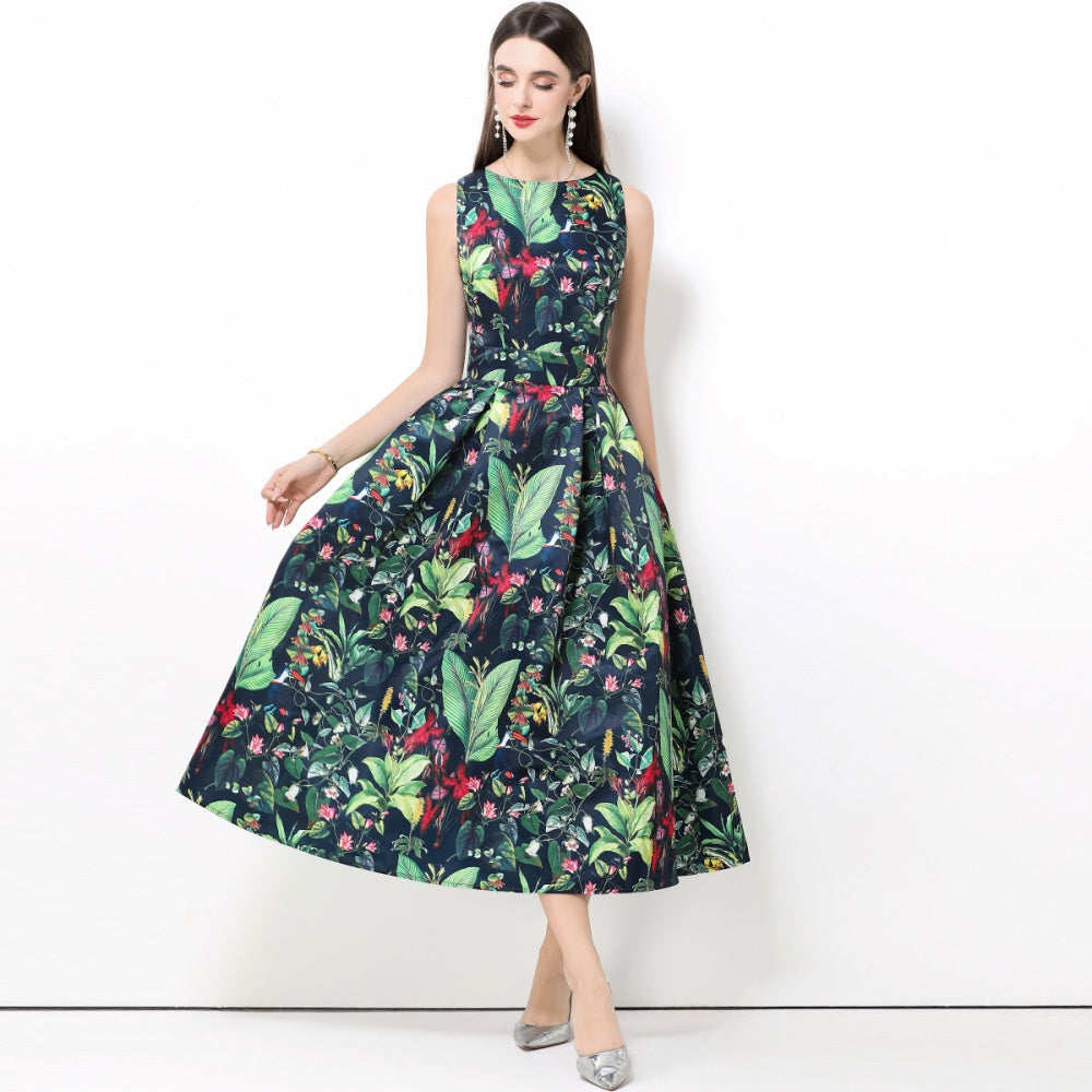 CM-DY061759 Women Elegant European Style Round Neck Sleeveless Pinched Waist A-Line Midi Dress