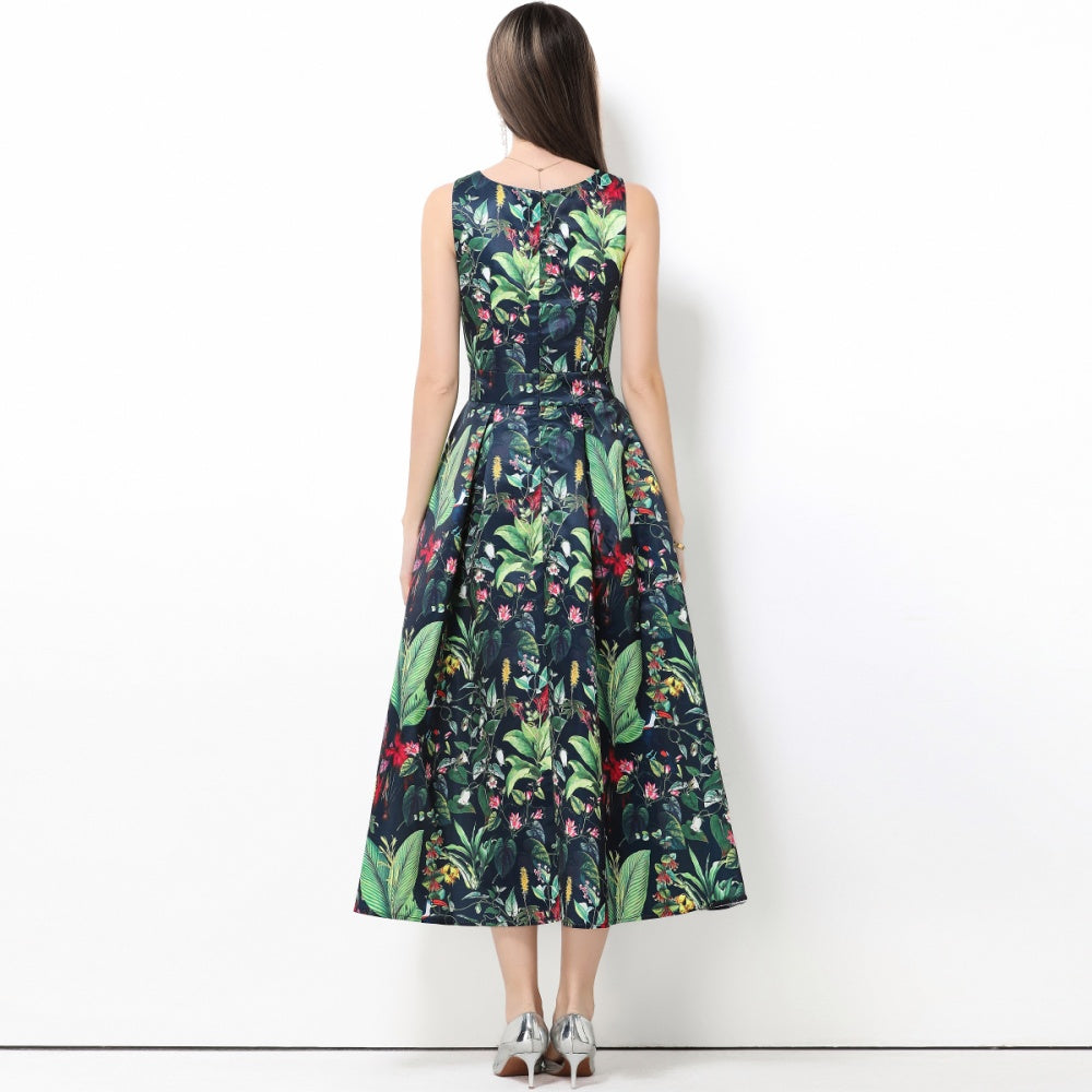 CM-DY061759 Women Elegant European Style Round Neck Sleeveless Pinched Waist A-Line Midi Dress