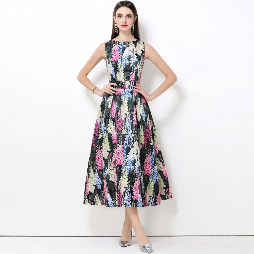 CM-DY061760 Women Elegant European Style Round Neck Sleeveless Pinched Waist A-Line Midi Dress