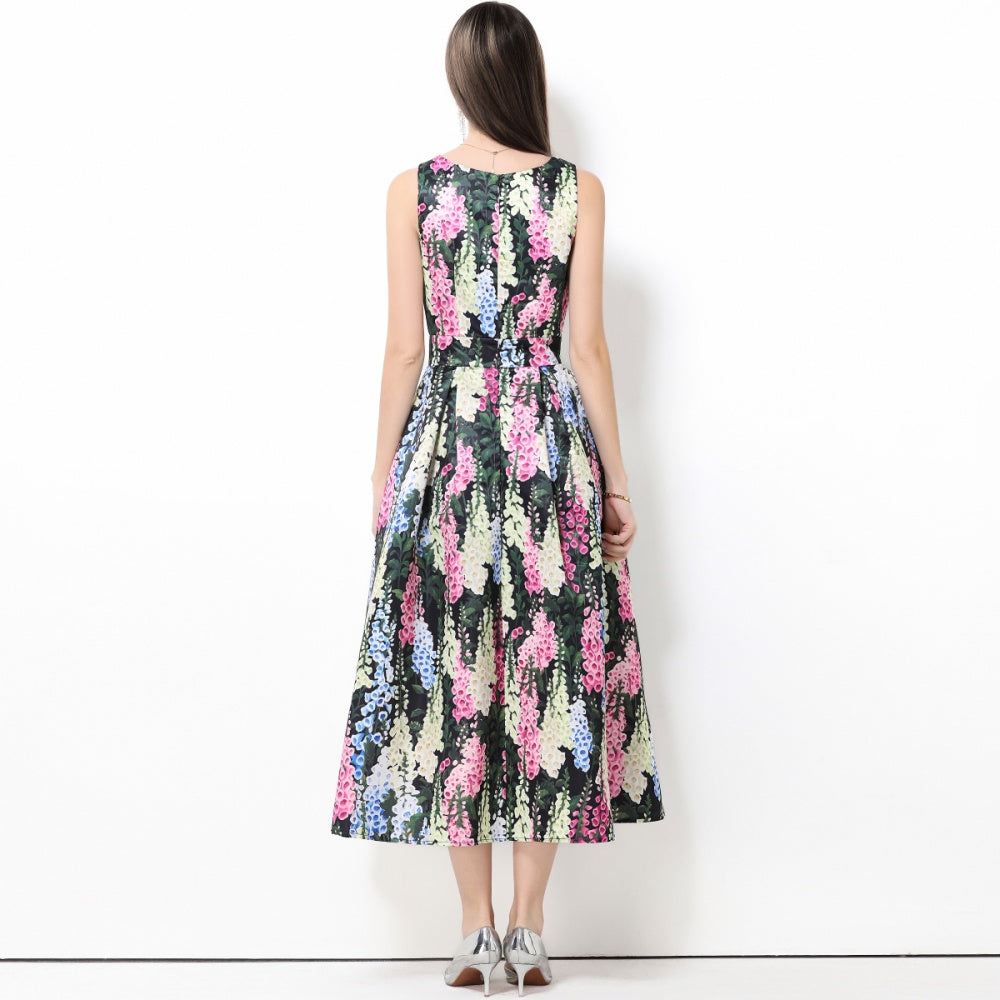 CM-DY061760 Women Elegant European Style Round Neck Sleeveless Pinched Waist A-Line Midi Dress