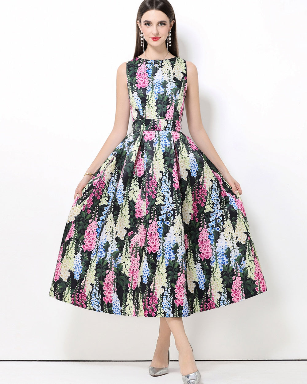 CM-DY061760 Women Elegant European Style Round Neck Sleeveless Pinched Waist A-Line Midi Dress