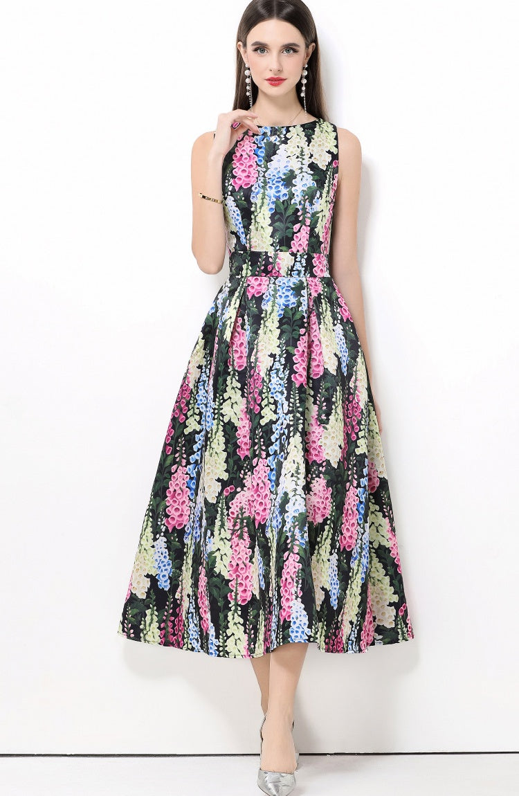 CM-DY061760 Women Elegant European Style Round Neck Sleeveless Pinched Waist A-Line Midi Dress