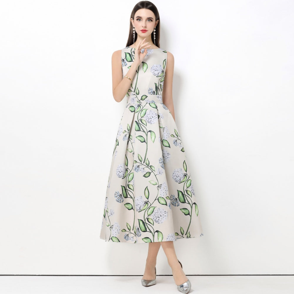 CM-DY061761 Women Elegant European Style Round Neck Sleeveless Pinched Waist A-Line Midi Dress