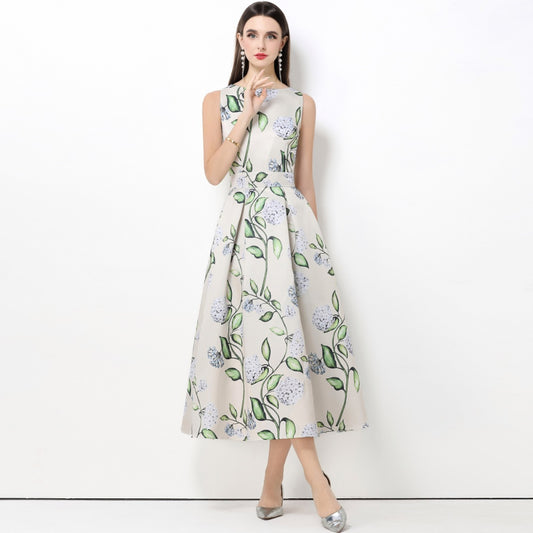 CM-DY061761 Women Elegant European Style Round Neck Sleeveless Pinched Waist A-Line Midi Dress
