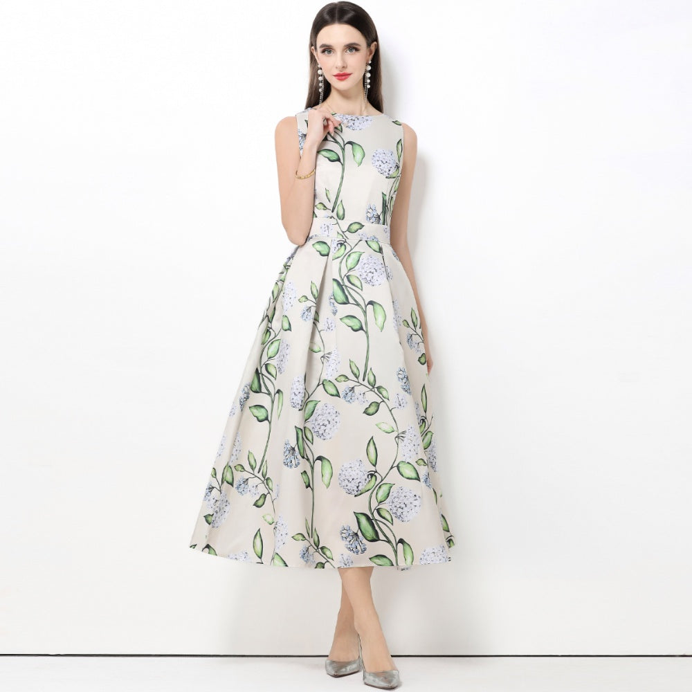 CM-DY061761 Women Elegant European Style Round Neck Sleeveless Pinched Waist A-Line Midi Dress