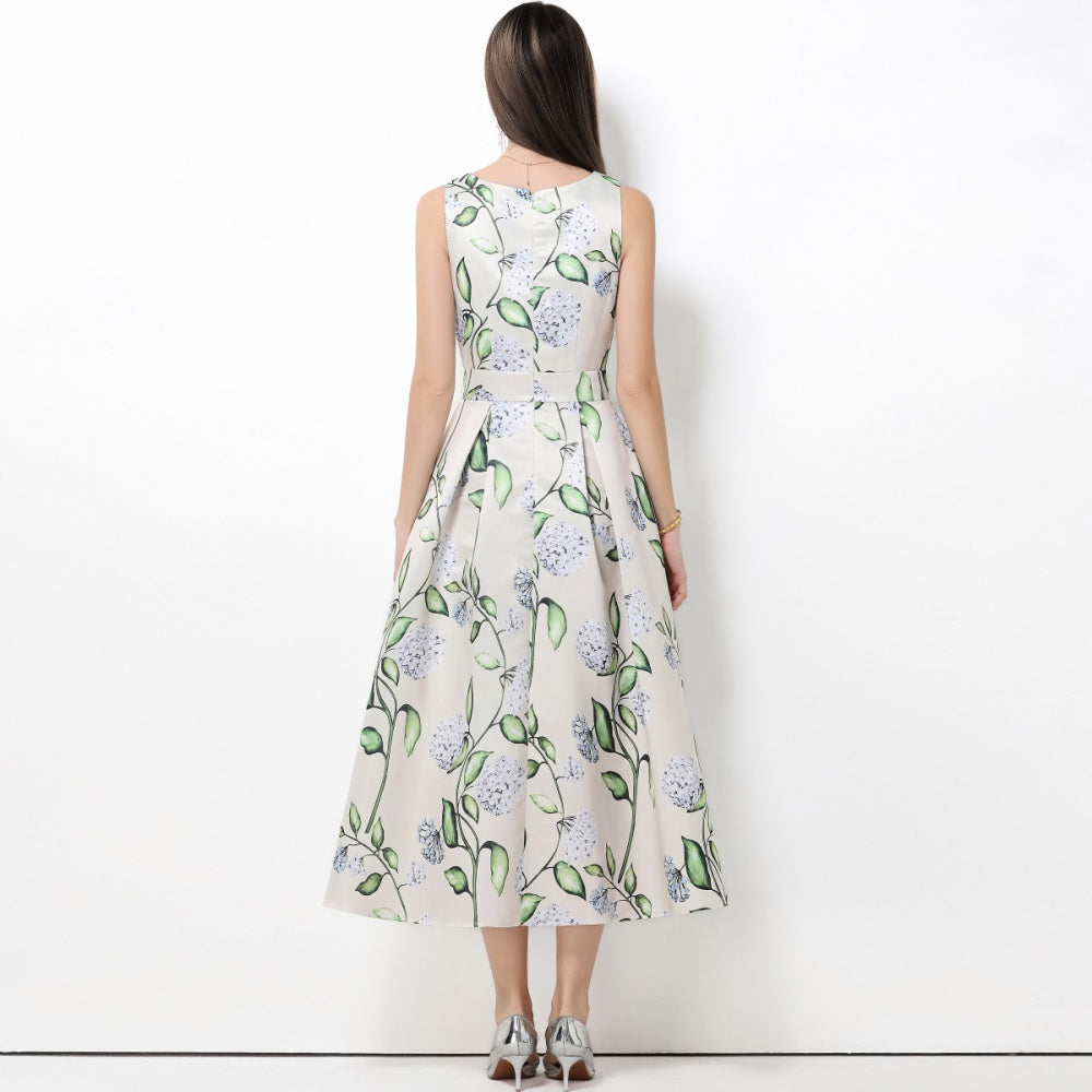 CM-DY061761 Women Elegant European Style Round Neck Sleeveless Pinched Waist A-Line Midi Dress