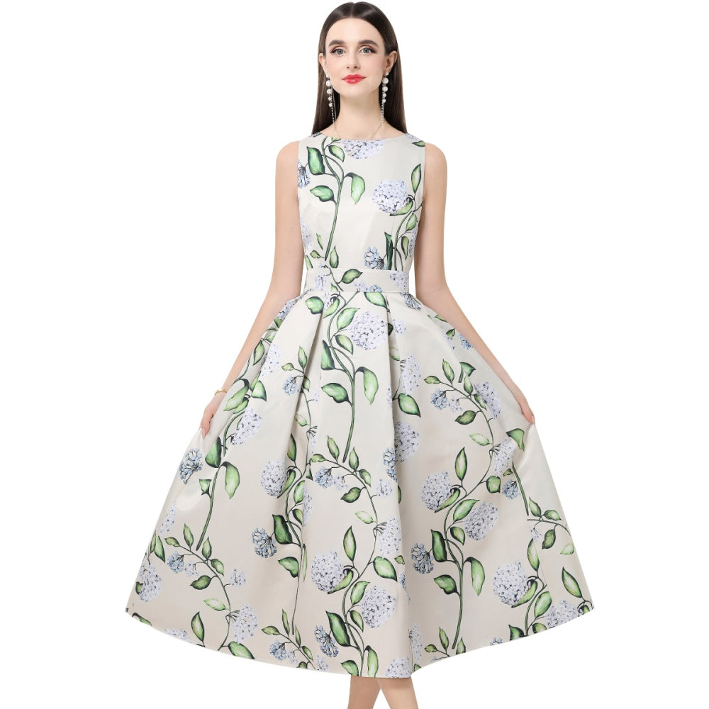 CM-DY061761 Women Elegant European Style Round Neck Sleeveless Pinched Waist A-Line Midi Dress