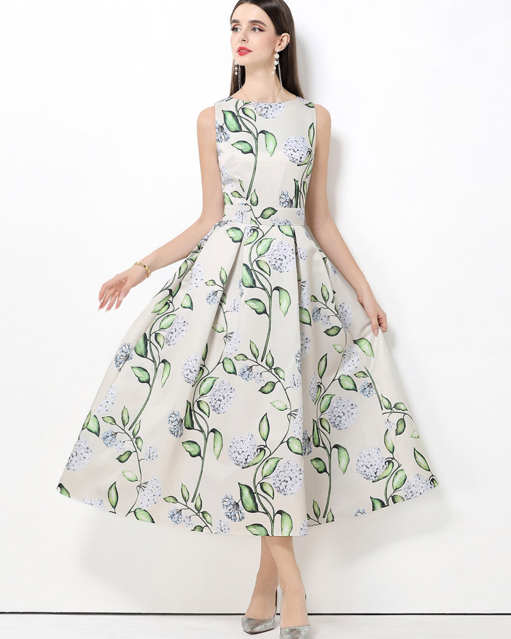 CM-DY061761 Women Elegant European Style Round Neck Sleeveless Pinched Waist A-Line Midi Dress