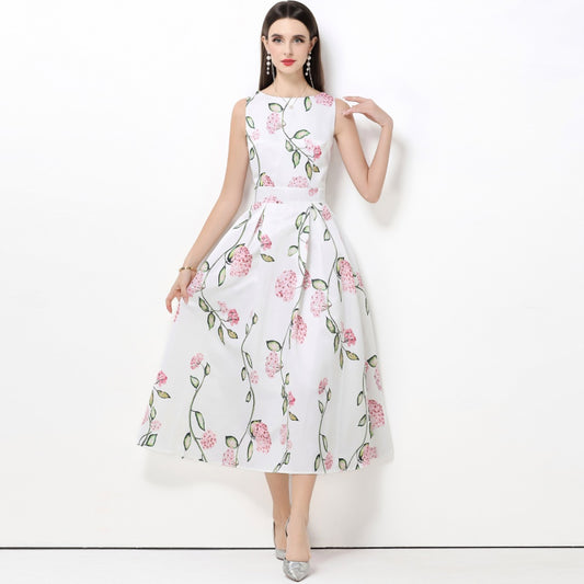 CM-DY061762 Women Elegant European Style Round Neck Sleeveless High Waist A-Line Midi Dress