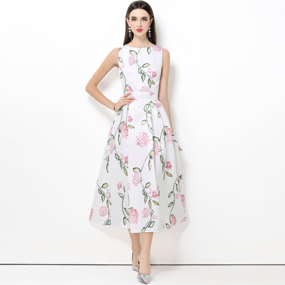CM-DY061762 Women Elegant European Style Round Neck Sleeveless High Waist A-Line Midi Dress