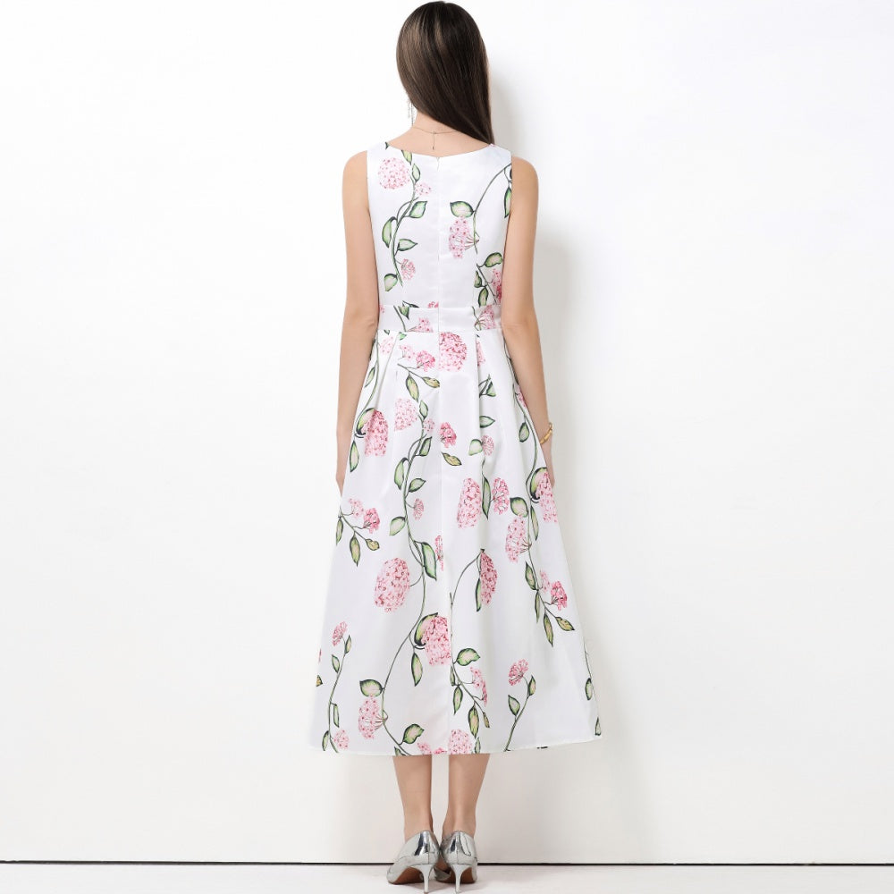 CM-DY061762 Women Elegant European Style Round Neck Sleeveless High Waist A-Line Midi Dress