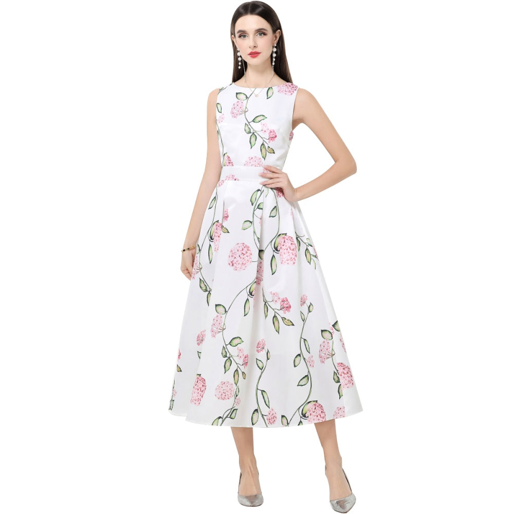 CM-DY061762 Women Elegant European Style Round Neck Sleeveless High Waist A-Line Midi Dress