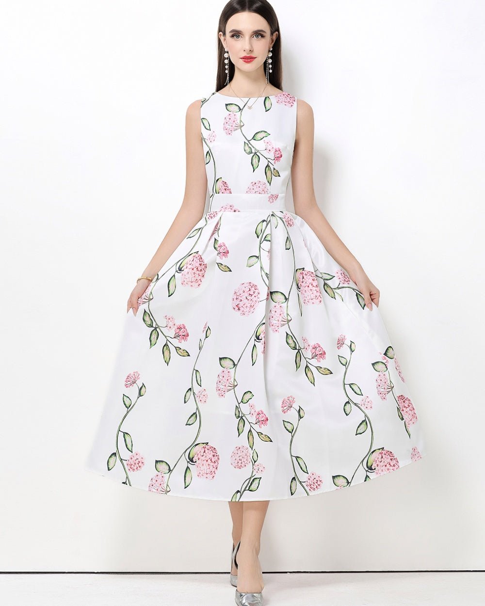 CM-DY061762 Women Elegant European Style Round Neck Sleeveless High Waist A-Line Midi Dress