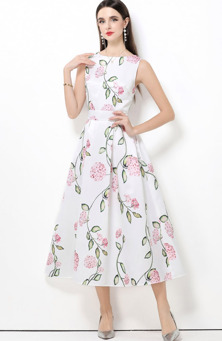 CM-DY061762 Women Elegant European Style Round Neck Sleeveless High Waist A-Line Midi Dress