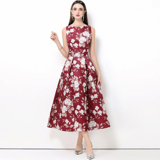 CM-DY061763 Women Elegant European Style Round Neck Sleeveless Pinched Waist A-Line Midi Dress