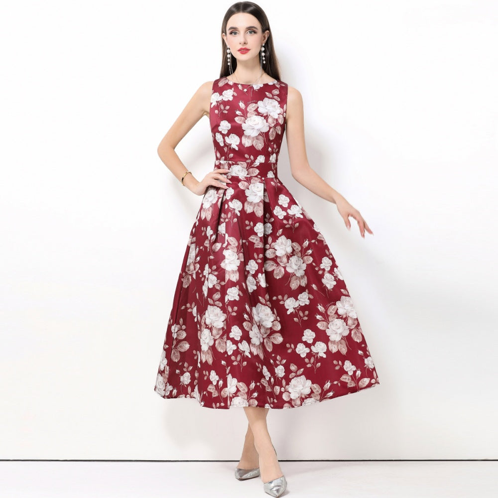 CM-DY061763 Women Elegant European Style Round Neck Sleeveless Pinched Waist A-Line Midi Dress