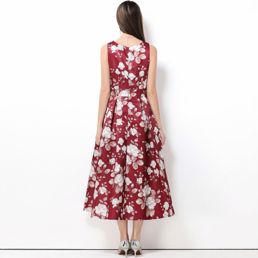 CM-DY061763 Women Elegant European Style Round Neck Sleeveless Pinched Waist A-Line Midi Dress