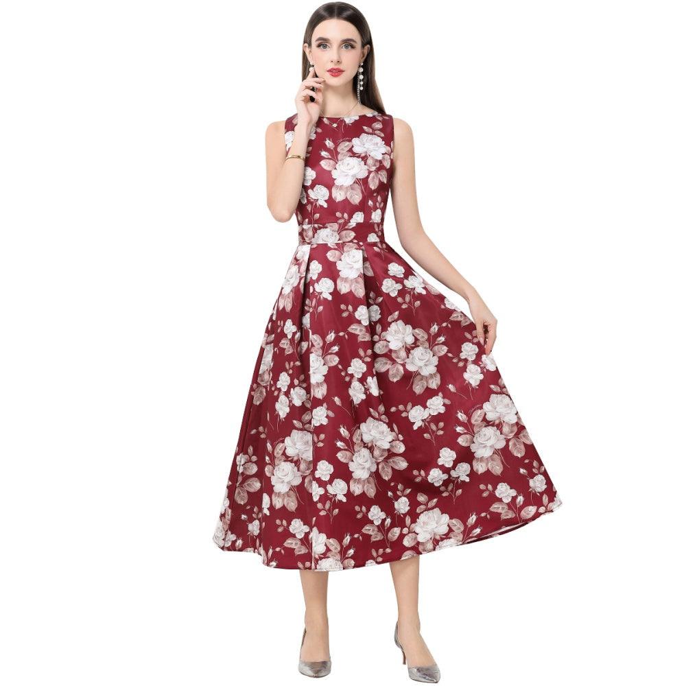 CM-DY061763 Women Elegant European Style Round Neck Sleeveless Pinched Waist A-Line Midi Dress