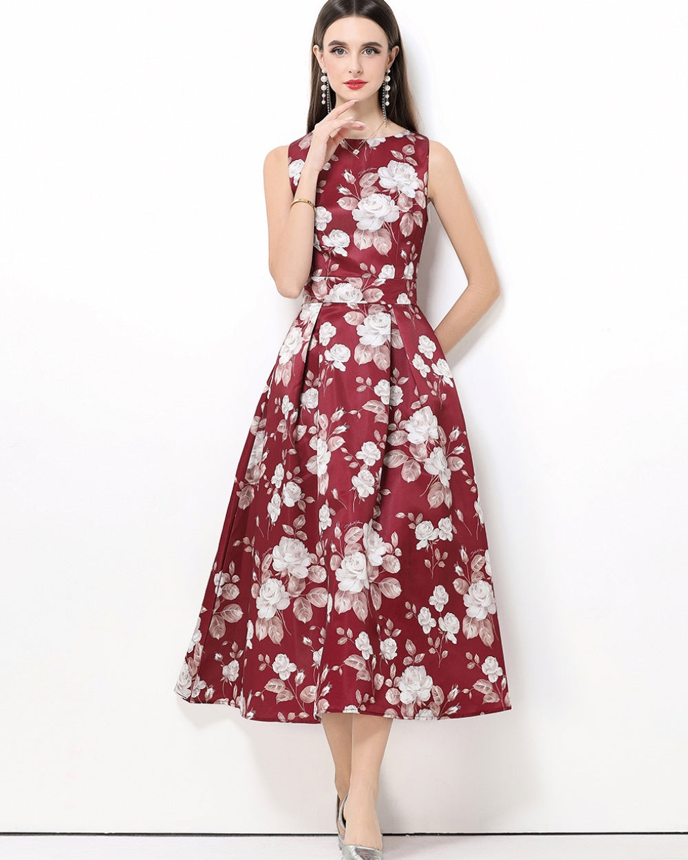 CM-DY061763 Women Elegant European Style Round Neck Sleeveless Pinched Waist A-Line Midi Dress