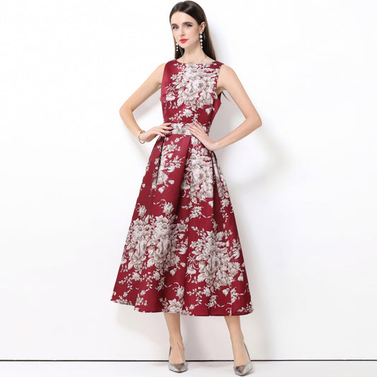 CM-DY061764 Women Elegant European Style Round Neck Sleeveless Pinched Waist High Waist Stereoscopic Midi Dress