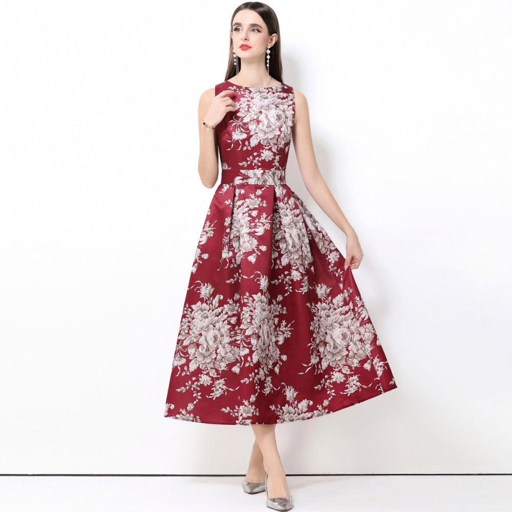 CM-DY061764 Women Elegant European Style Round Neck Sleeveless Pinched Waist High Waist Stereoscopic Midi Dress
