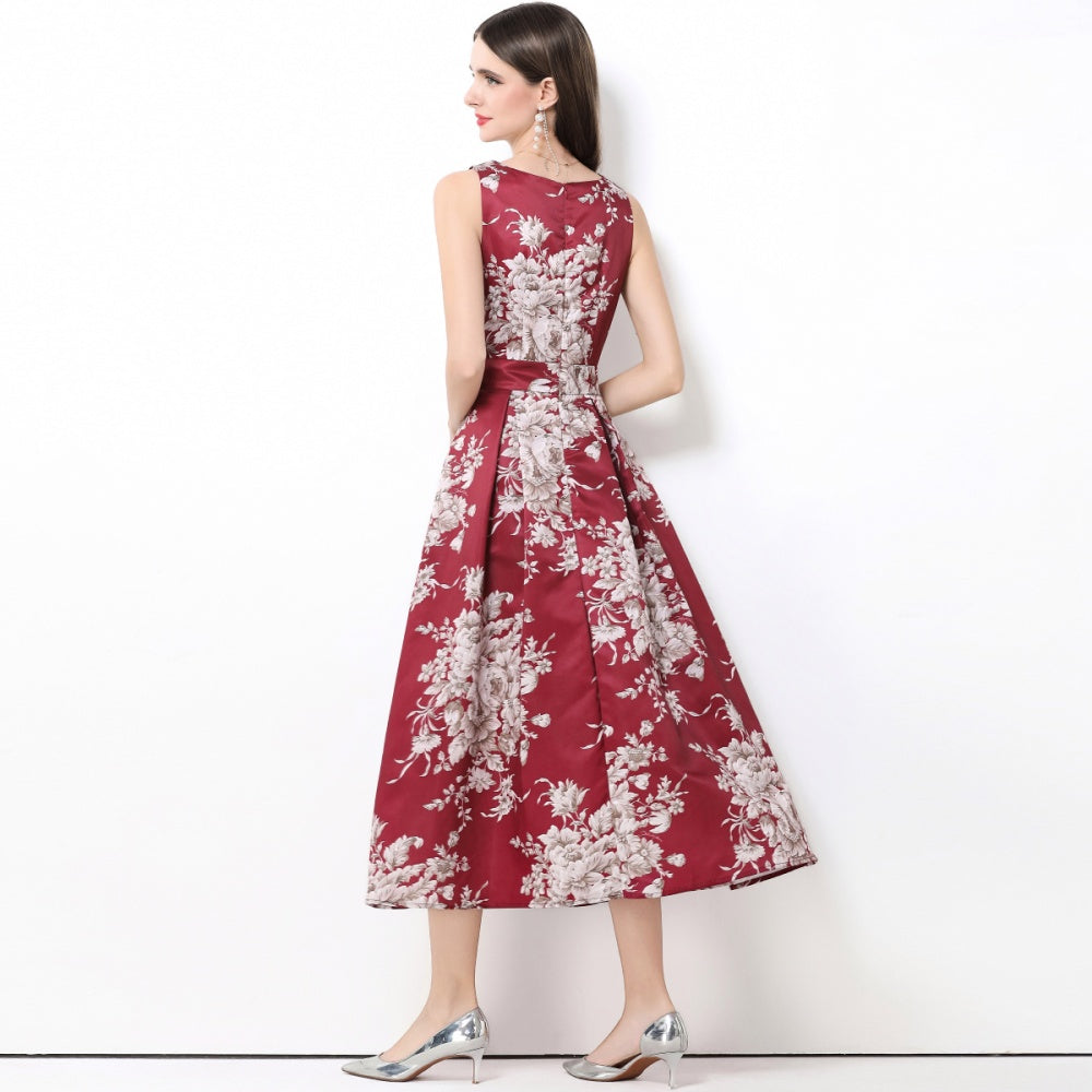 CM-DY061764 Women Elegant European Style Round Neck Sleeveless Pinched Waist High Waist Stereoscopic Midi Dress