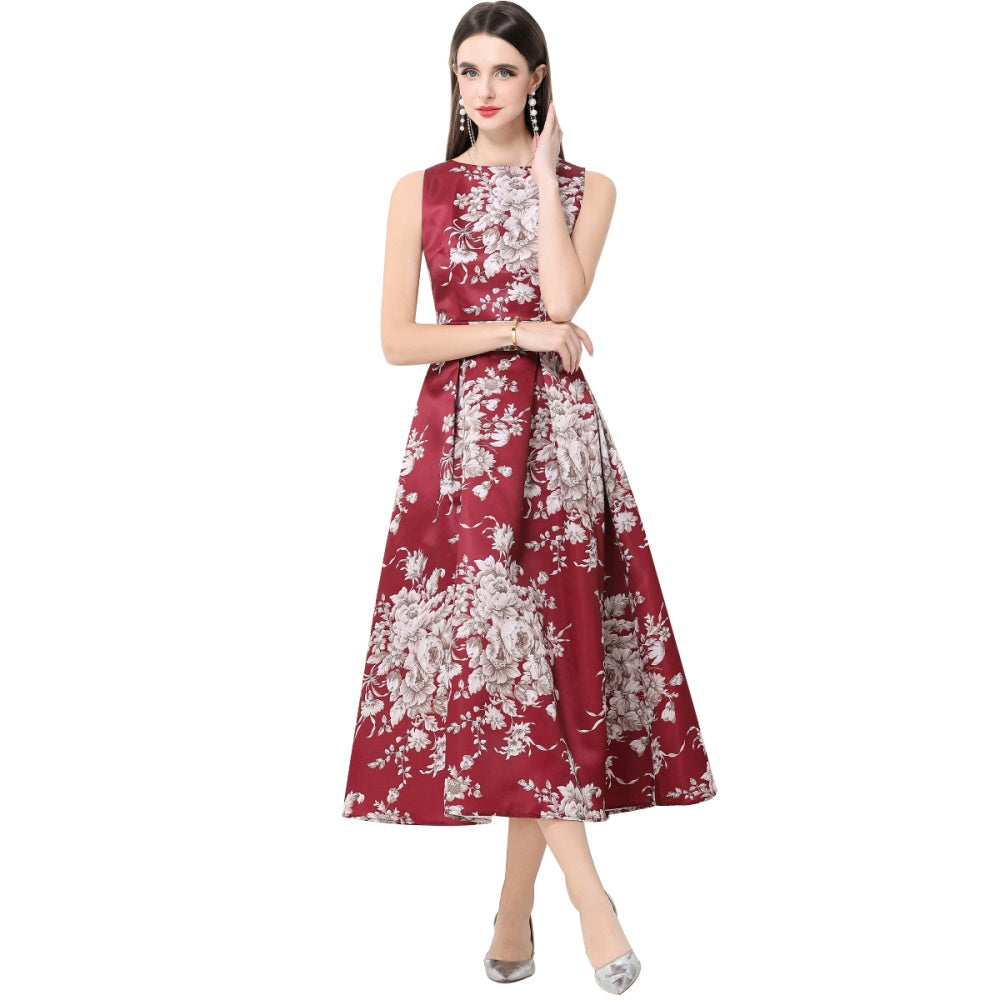 CM-DY061764 Women Elegant European Style Round Neck Sleeveless Pinched Waist High Waist Stereoscopic Midi Dress