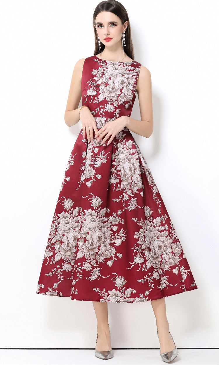 CM-DY061764 Women Elegant European Style Round Neck Sleeveless Pinched Waist High Waist Stereoscopic Midi Dress