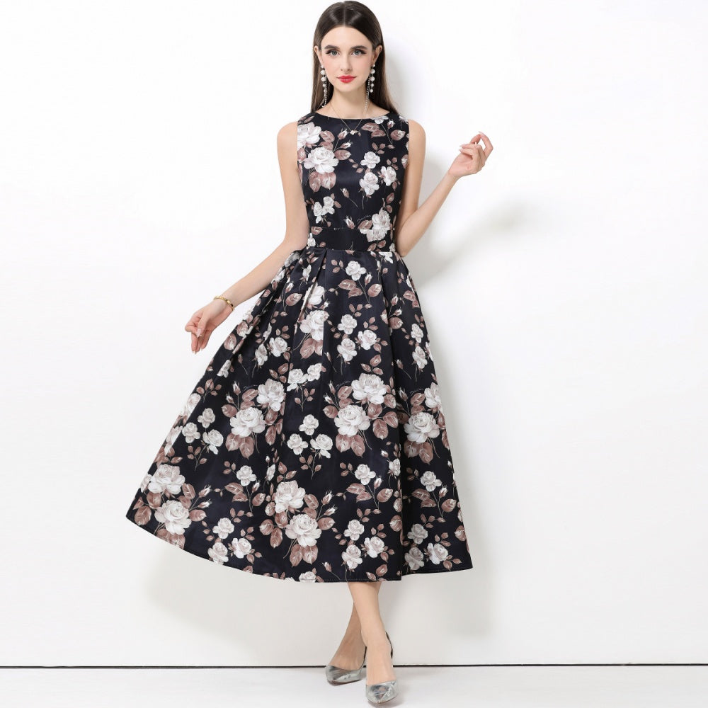 CM-DY061765 Women Elegant European Style Round Neck Sleeveless High Waist Pinched Waist Midi Dress