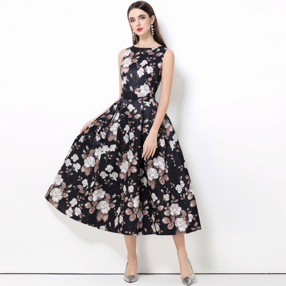 CM-DY061765 Women Elegant European Style Round Neck Sleeveless High Waist Pinched Waist Midi Dress