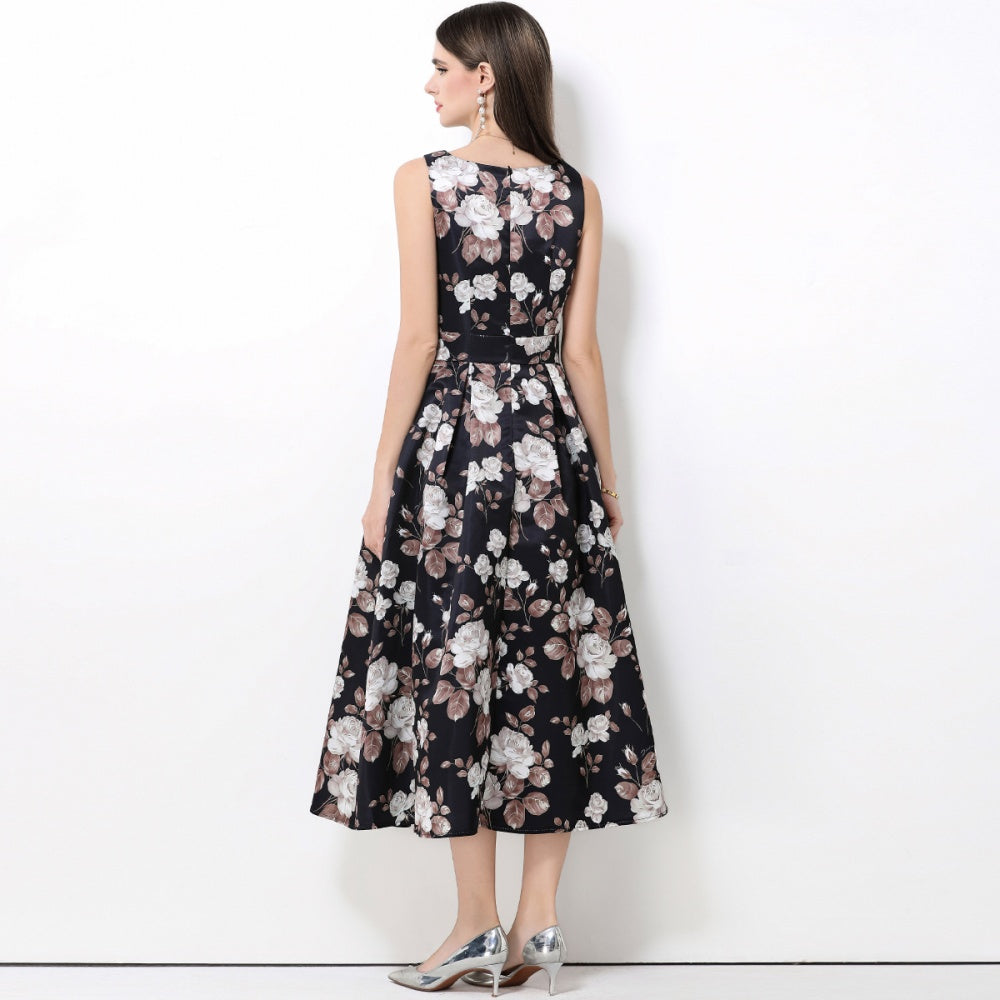 CM-DY061765 Women Elegant European Style Round Neck Sleeveless High Waist Pinched Waist Midi Dress