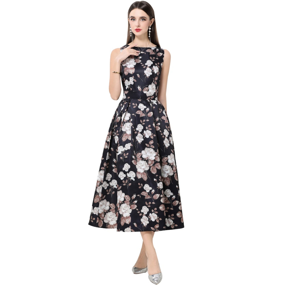 CM-DY061765 Women Elegant European Style Round Neck Sleeveless High Waist Pinched Waist Midi Dress