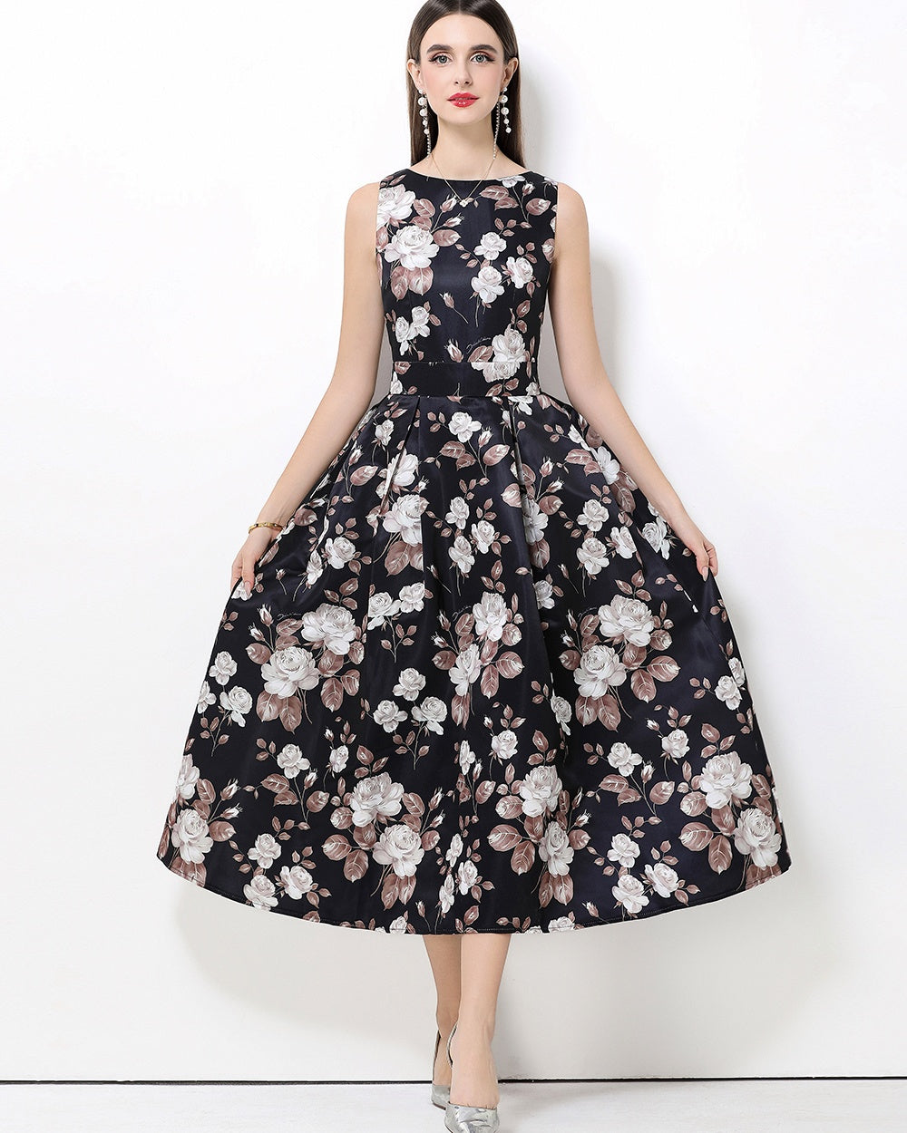 CM-DY061765 Women Elegant European Style Round Neck Sleeveless High Waist Pinched Waist Midi Dress