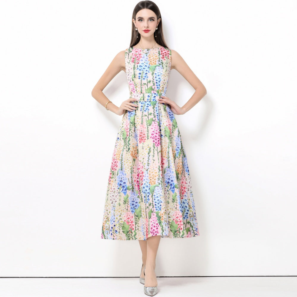 CM-DY061766 Women Elegant European Style Round Neck Sleeveless Pinched Waist A-Line Midi Dress