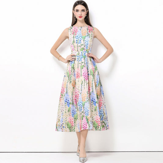 CM-DY061766 Women Elegant European Style Round Neck Sleeveless Pinched Waist A-Line Midi Dress