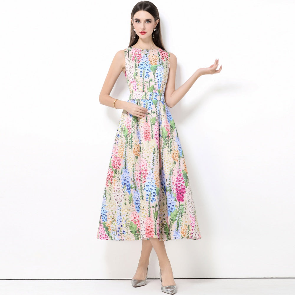 CM-DY061766 Women Elegant European Style Round Neck Sleeveless Pinched Waist A-Line Midi Dress