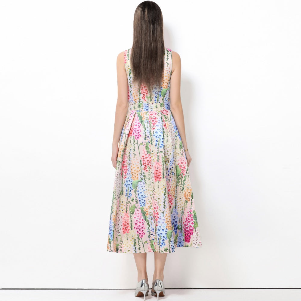 CM-DY061766 Women Elegant European Style Round Neck Sleeveless Pinched Waist A-Line Midi Dress