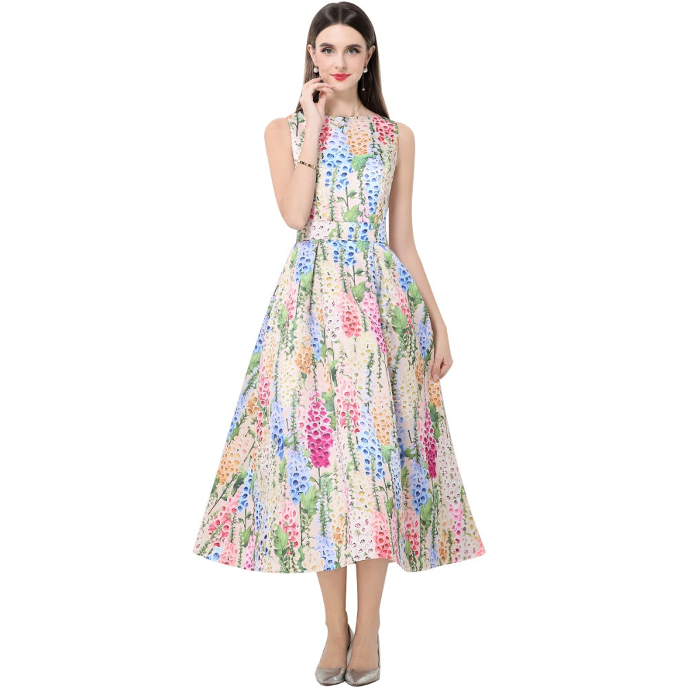 CM-DY061766 Women Elegant European Style Round Neck Sleeveless Pinched Waist A-Line Midi Dress