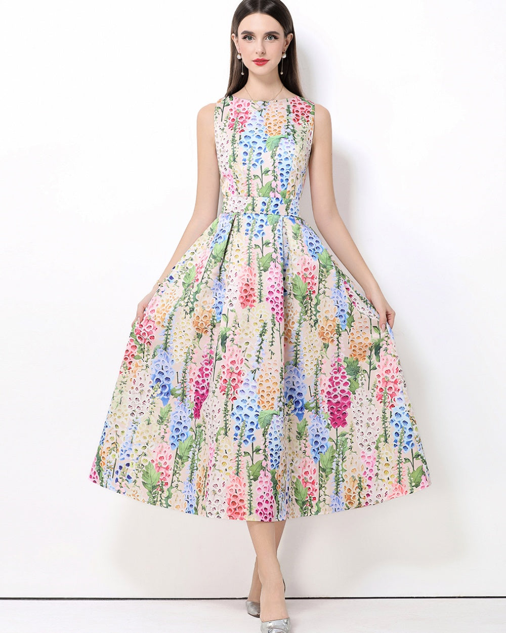 CM-DY061766 Women Elegant European Style Round Neck Sleeveless Pinched Waist A-Line Midi Dress