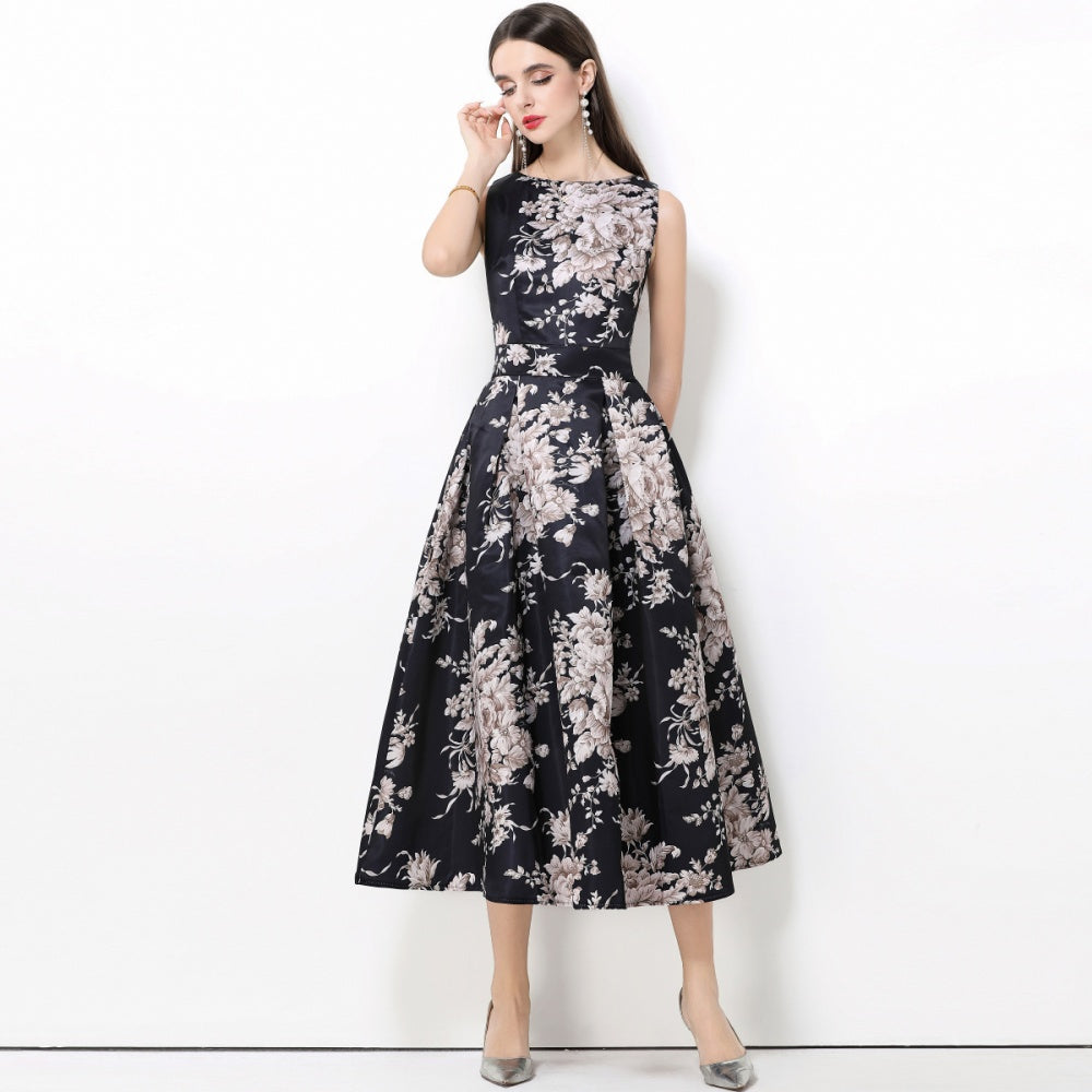 CM-DY061767 Women Elegant European Style Round Neck Sleeveless High Waist A-Line Midi Dress