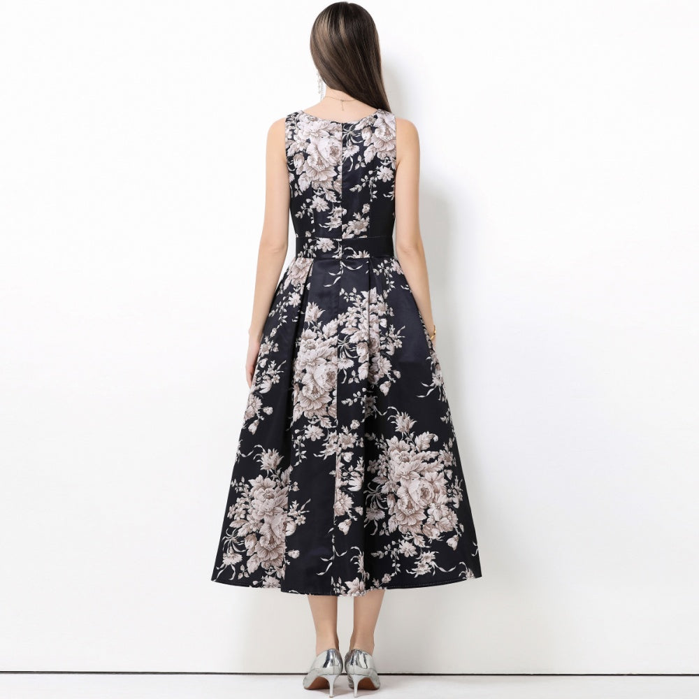 CM-DY061767 Women Elegant European Style Round Neck Sleeveless High Waist A-Line Midi Dress