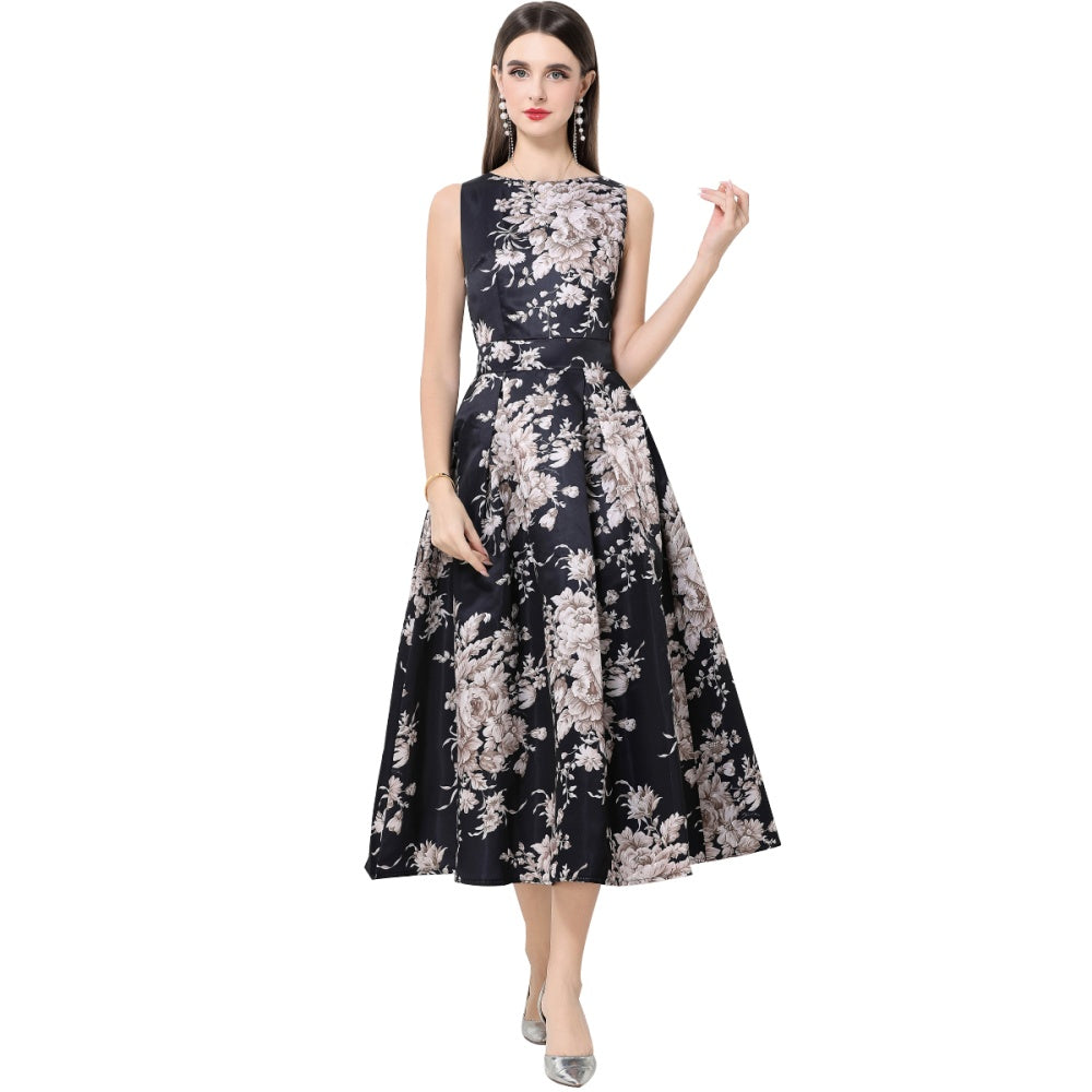 CM-DY061767 Women Elegant European Style Round Neck Sleeveless High Waist A-Line Midi Dress