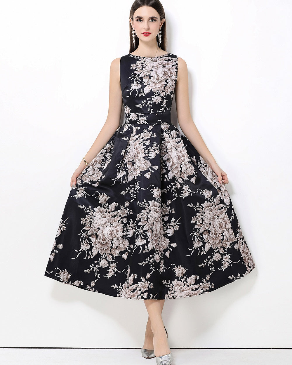 CM-DY061767 Women Elegant European Style Round Neck Sleeveless High Waist A-Line Midi Dress