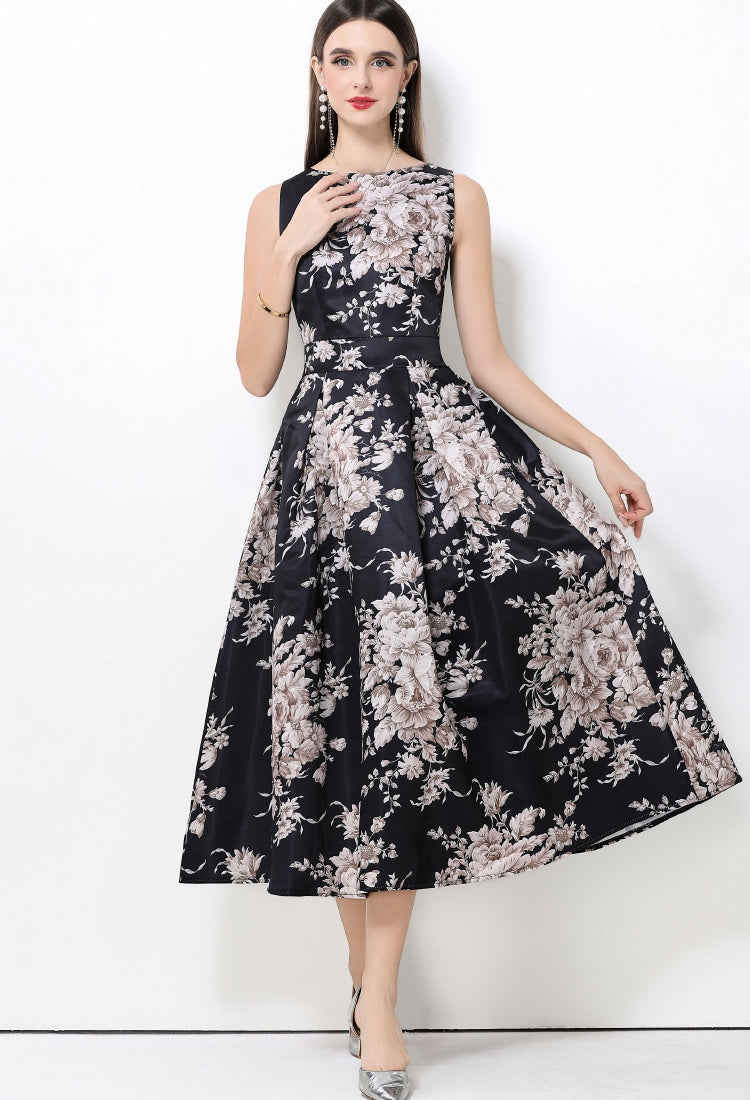 CM-DY061767 Women Elegant European Style Round Neck Sleeveless High Waist A-Line Midi Dress