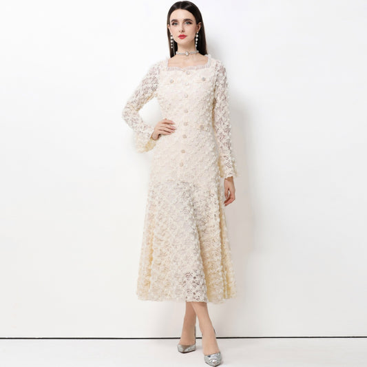 CM-DY061768 Women Elegant European Style Lace Floral Square Neck Long Sleeve High Waist A-Line Dress - Apricot