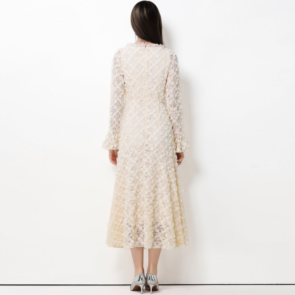 CM-DY061768 Women Elegant European Style Lace Floral Square Neck Long Sleeve High Waist A-Line Dress - Apricot